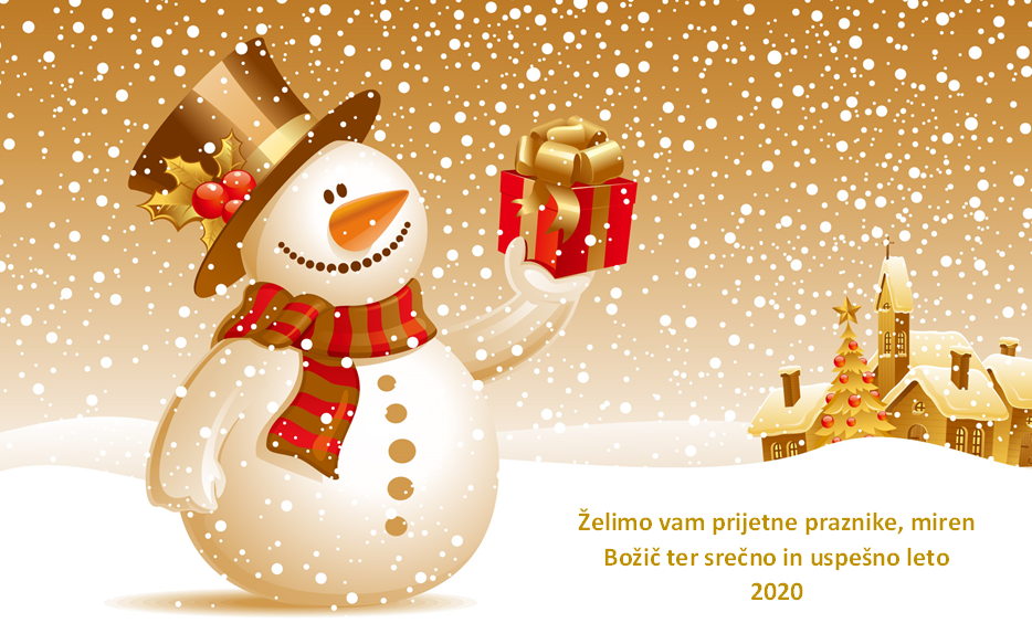Smejoči snežak v rokah drži lepo zavito darilo. Spodaj je dodan napis Želimo vam prijetne praznike, miren Božič ter srečno in uspešno leto 2020