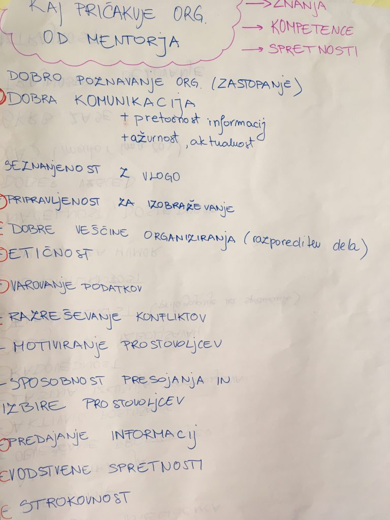 Plakat na katerem so napisane kompetence, znanja in spretnosti, ki jih organizacije pričakujejo od mentorjev