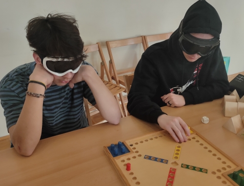 Dva dijaka igrata Človek ne jezi se prilagojen za slepe in slabovidne