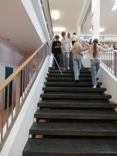 Hoja učencev z belo palico po stopnicah šole