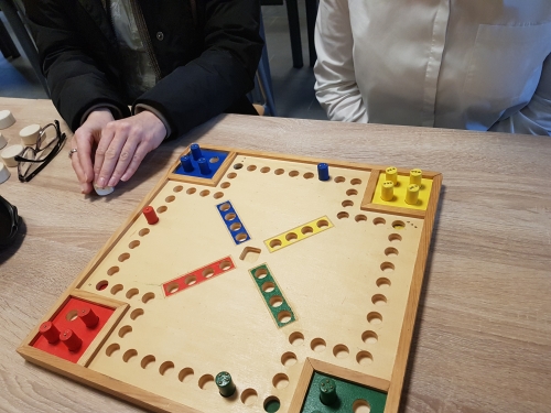 Udeleženka tipa kocko pri igri Človek ne jezi se