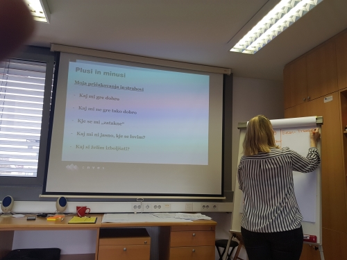 Predavateljica piše razdelitev po skupinah na belo tablo