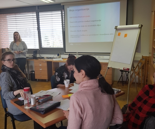 Predavateljica govori o pomembnosti poznavanja lastne organizacije, na sliki je vidna prva miza s štirimi udeleženkami