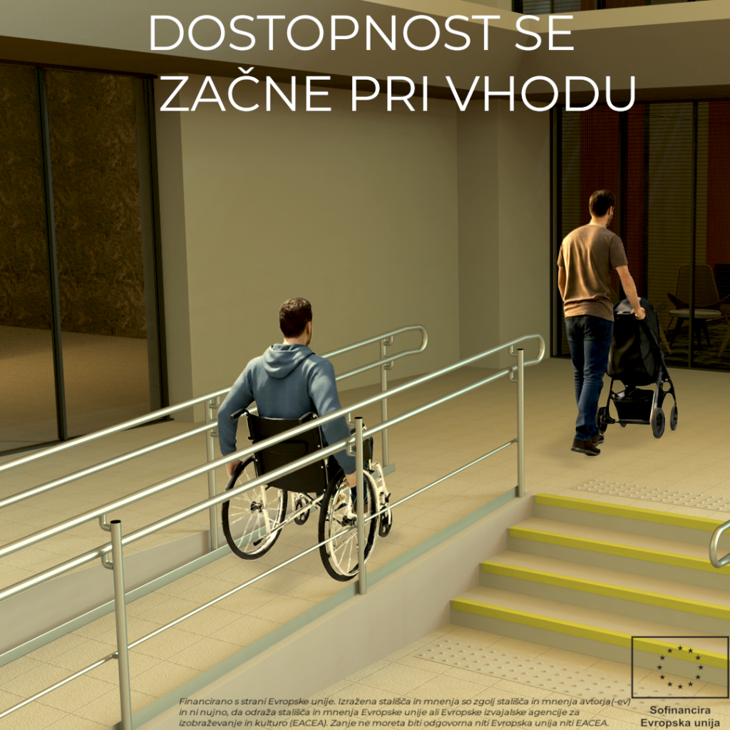 Oseba na invalidskem vozičku se pelje po klančini, ki se nahaja levo od stopnic. Na sliki je napis "Dostopnost se začne pri vhodu".